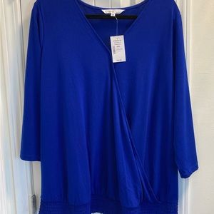 Cleo Size XXL Blue Faux Wrap Blouse 3/4 Sleeves NWT